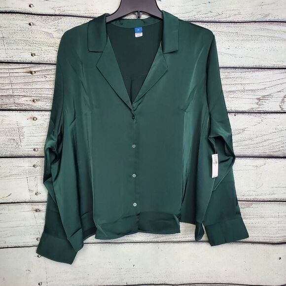 Old Navy Women’s 2X LS Resort Satin Button Down Blouse Dark Bottle Green Top NWT - Picture 1 of 8
